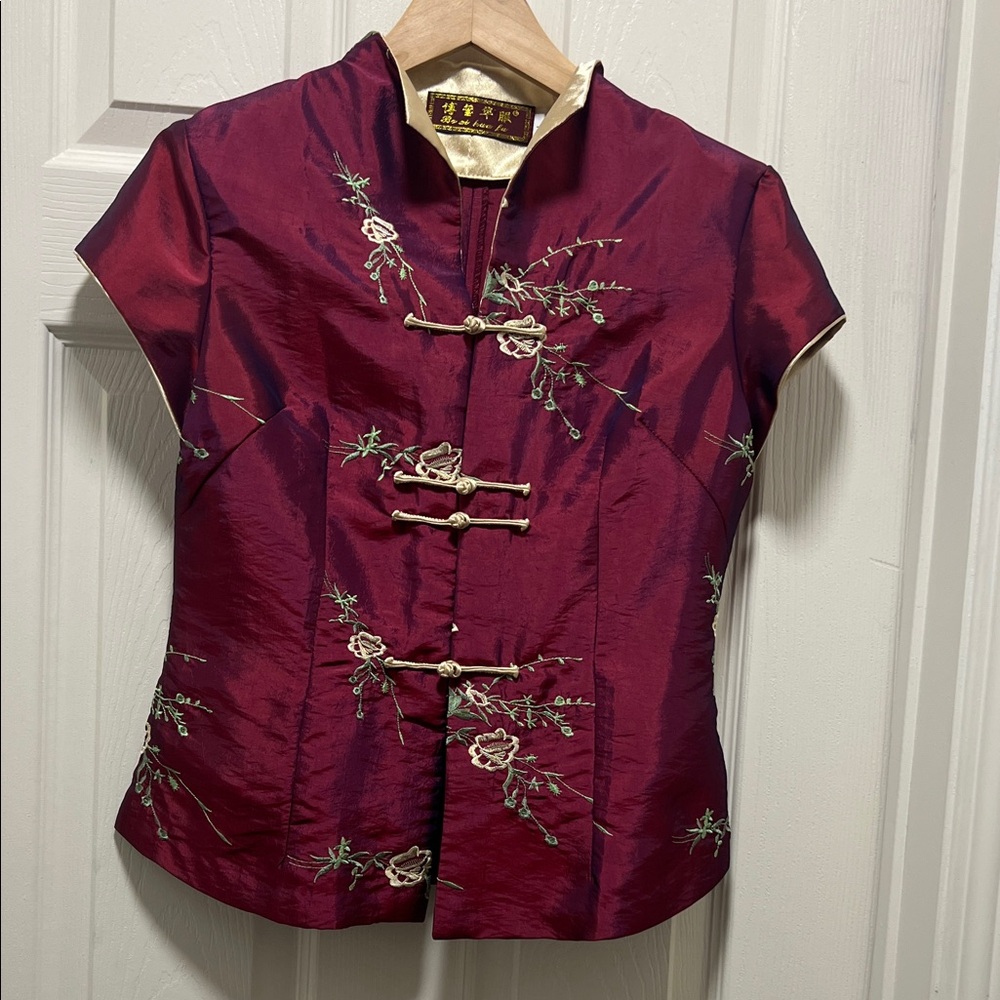 Floral Embroidered Satin Blouse in Deep Red